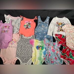 Baby Girl One Piece, Romper & Denim Overalls Bundle 9-12M